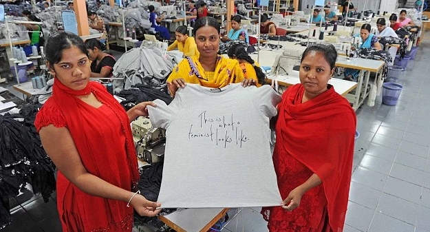 “This is a what a feminist looks like” T-shirts made by foreign women working in sweatshops… making $1 an hour