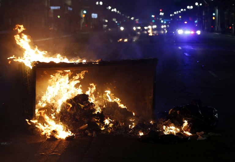 A fire burns during protests in Oakland, Calif., late Tuesday, Nov. 8, 2016. President-elect Donald Trumpís victory set off multiple protests. (Jane Tyska/Bay Area News Group via AP)